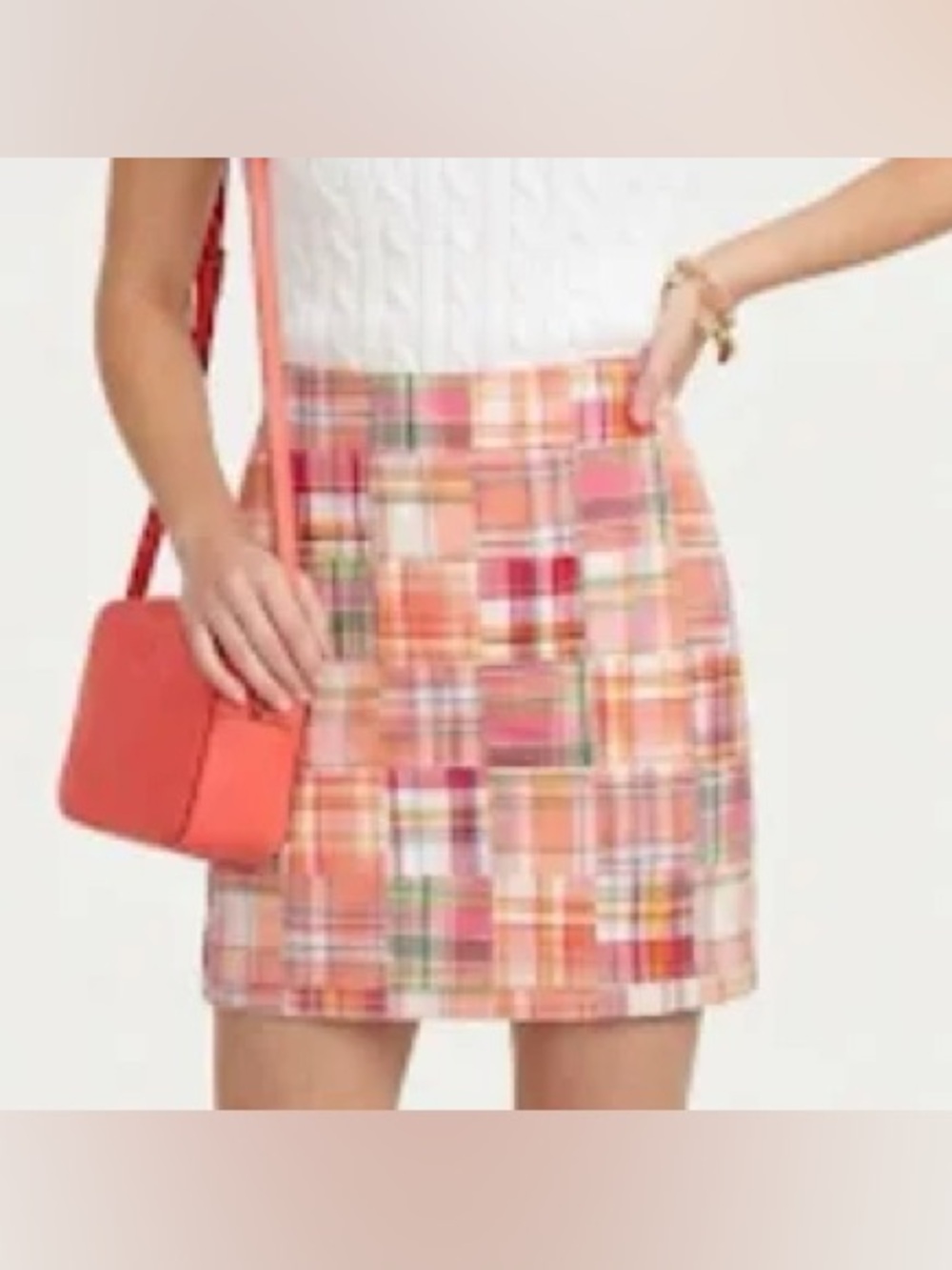 NEW Talbots $89 4 petite Patchwork Madras Plaid Cotton Skirt Pink Green Preppy